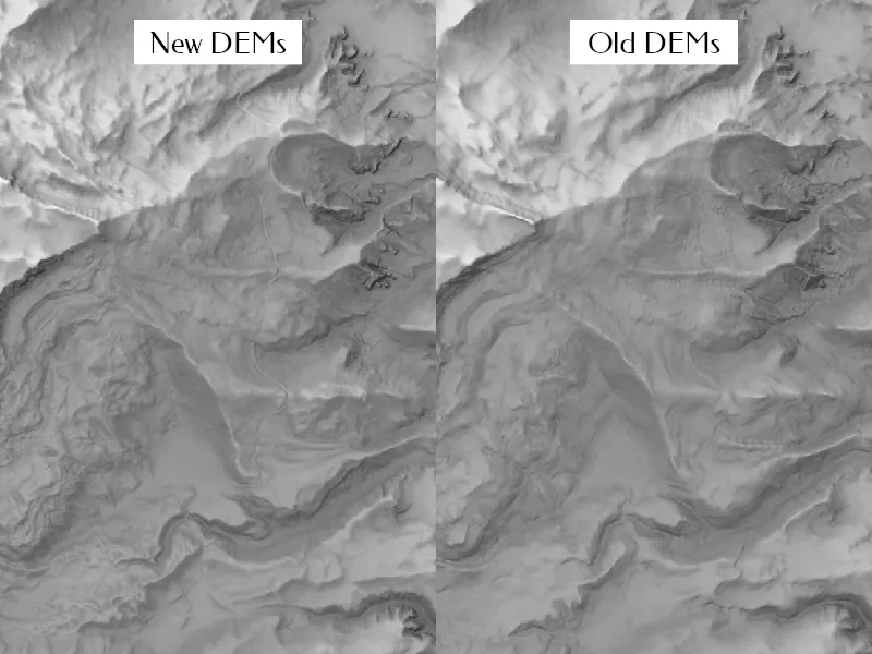 A side-by-side comparison of hillshades of the west slopes of Boulder Mountain